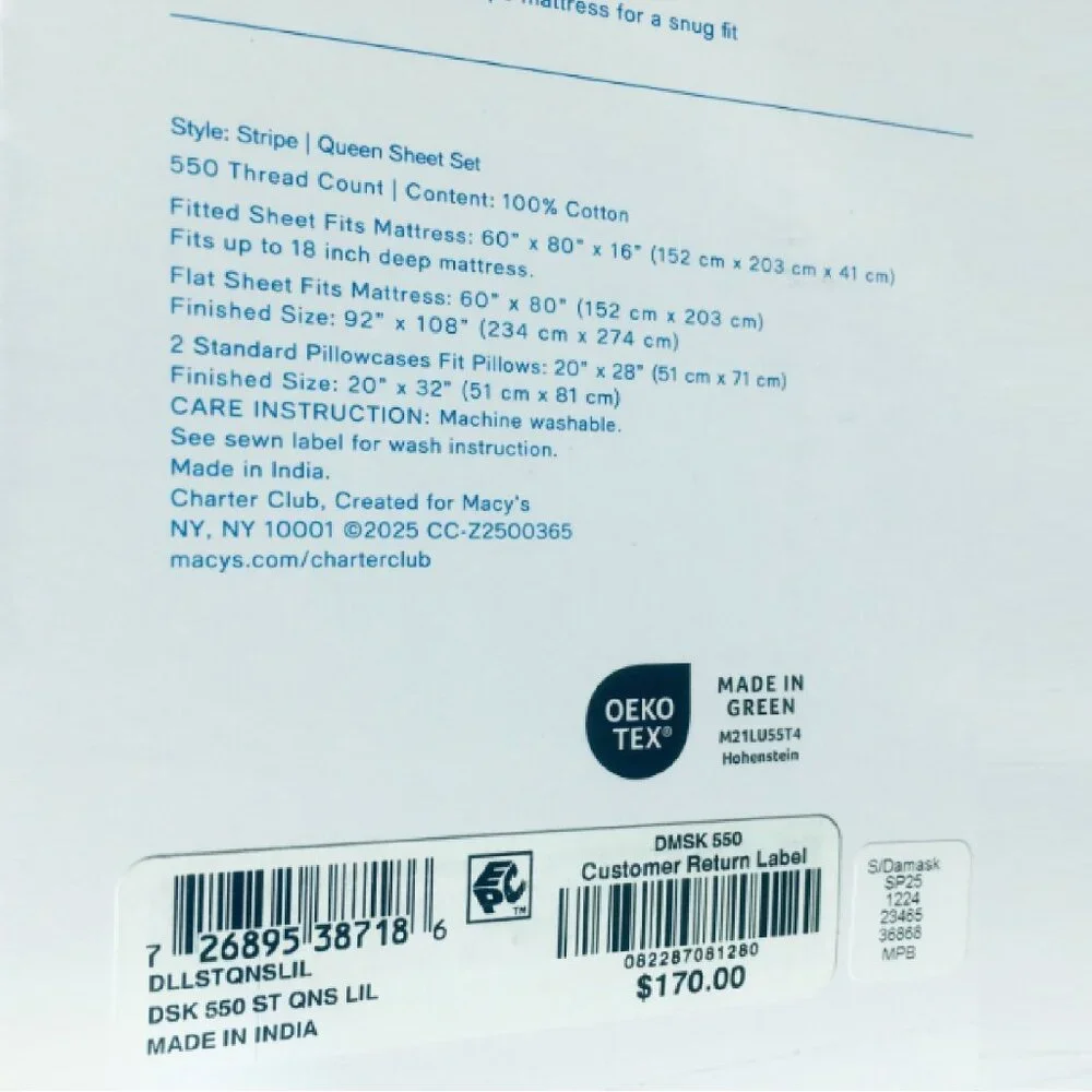 brand new PALE LILAC STRIPE Charter Club Damask 550 TC Cotton QUEEN Sheet Set